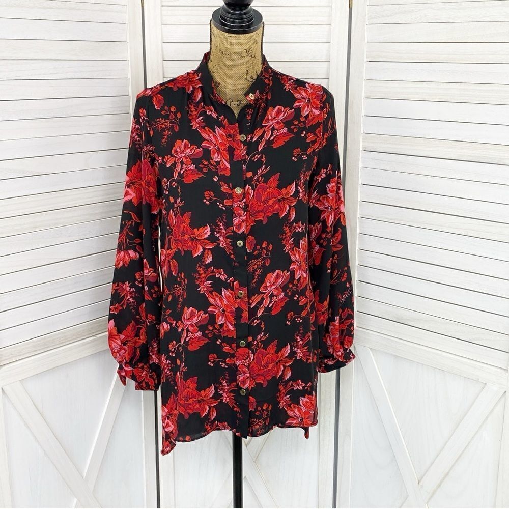 Joan‎ Vass Floral High Low Button Front Blouse Black Red XS